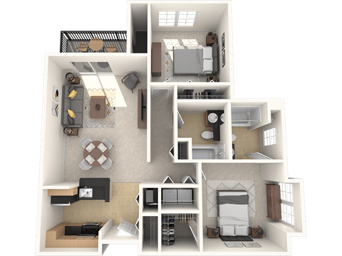 Floor plan for 2 beds, 2 baths, 971 sqft